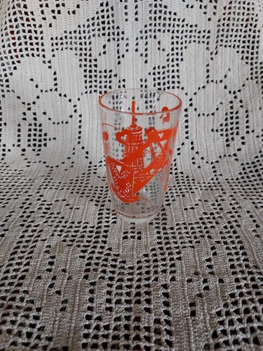 1950s RETRO COLLECTIBLE KRAFT FOODS SWANKY ORANGE ANTIQUES PATTERN JUICE GLASS: