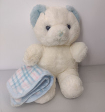 Russ Berrie Beddy-Bye Plush White Baby Blue Teddy Bear RATTLE Blanket 10"