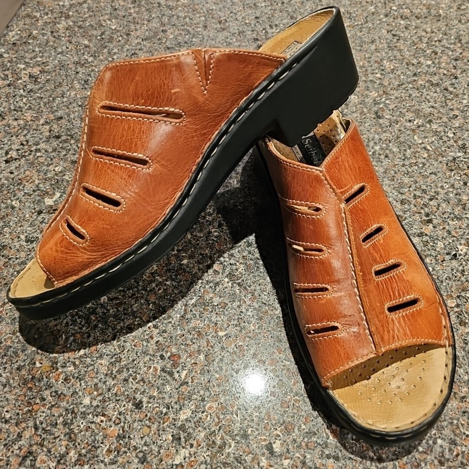 Josef Seibel Sandals Womens 40 US 9 Slip On Slide Brown Leather Mules