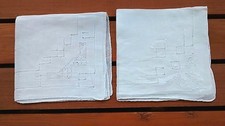 White Vintage Pulled Thread Embroidered Handkerchiefs Pair Wedding Bridal
