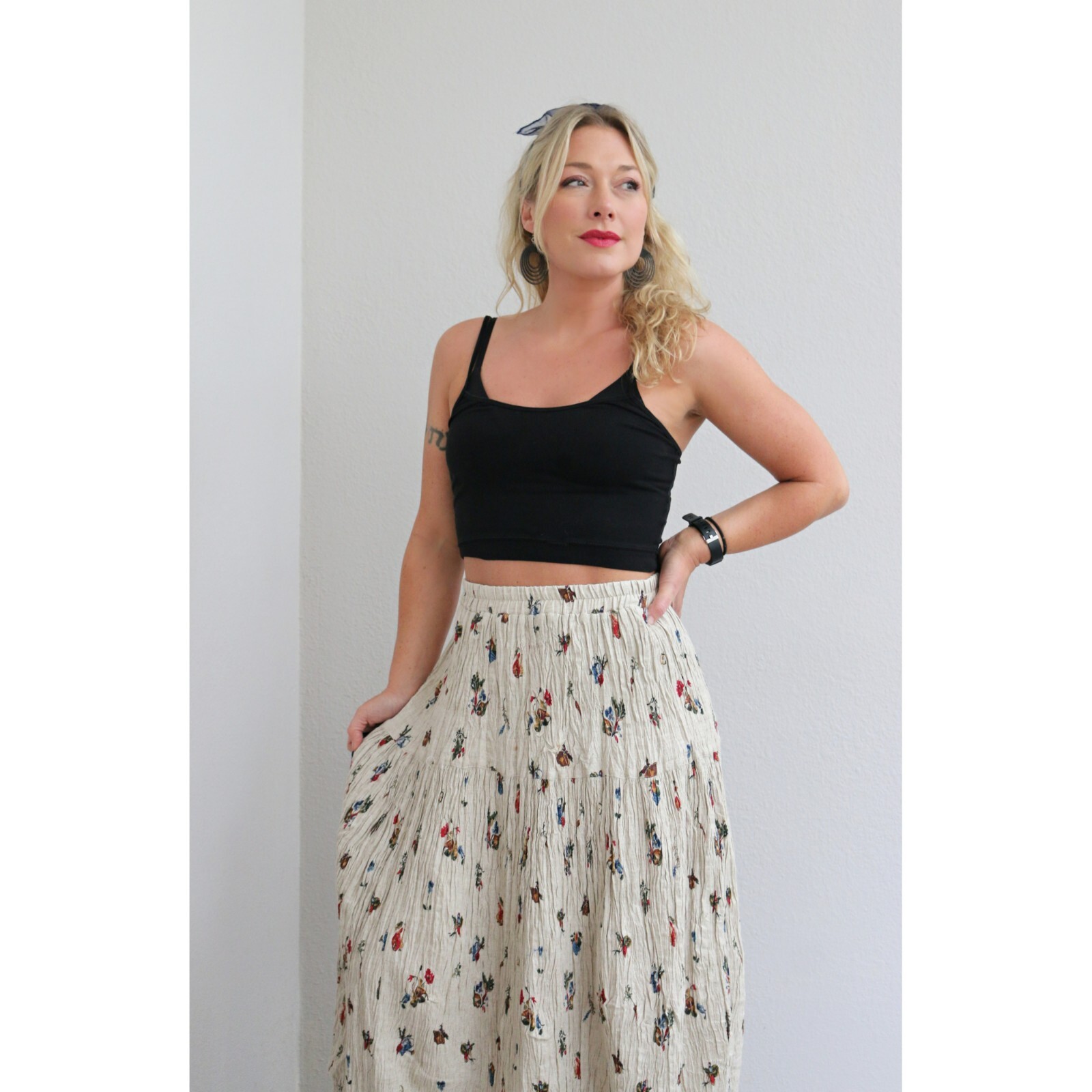 1990s Linen Blend Crinkle Broomstick Skirt Women's Sm… Gem