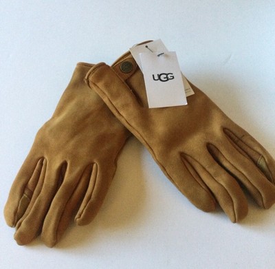 UGG MENS TABBED SUEDE LEATHER GLOVES FAUX FUR LINED IN CHESTNUT SIZE MEDIUM NWT