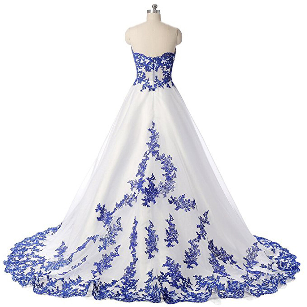 White Satin Wedding Dresses With Blue Lace Sweetheart A Line High Low Bride  Gown | eBay