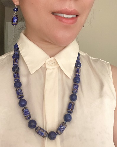 Antique Chinese Natural Lapis Laz Beads Enamel Necklace EarrIngs Set 青金石 Qing - Picture 3 of 10