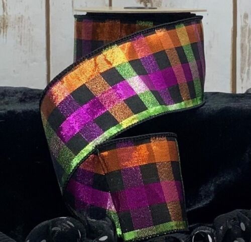 2.5" x 10 Yards Green, Purple, Orange And Black Metallic Plaid Wired Ribbon - Picture 2 of 6