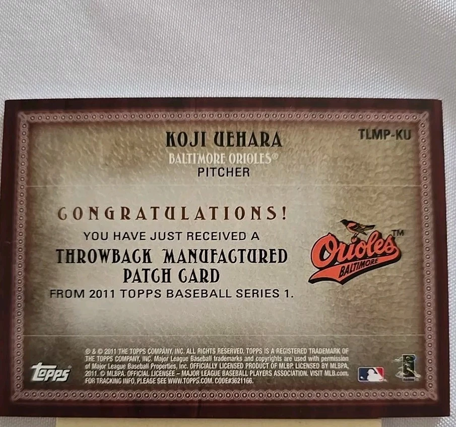 2011 Topps Koji Uehara Orioles & 2012 Jermey Hellickson Relic Tampa Bay Patches - Image 3 of 4