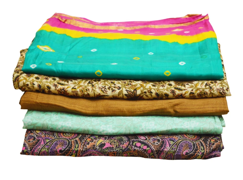 Vintage Lot Of 5 Sarees Recycled Used Felting Quilting Pure Silk Sari defects - Image 3 of 4