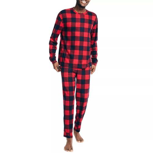 Nautica Men's 2 Piece Relaxed-Fit Waffle-Knit Pajama Set, Red/Navy Check Large
