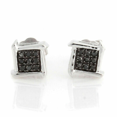 Black Diamond Zigzag Stud Earrings w/ Push Back In 925 Sterling Silver