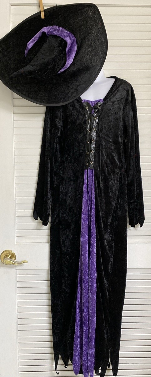blue dress for baby girl Dare Fashion Adult Gothic Witch Costume Black Corset Dress Purple Hat Tights 4X