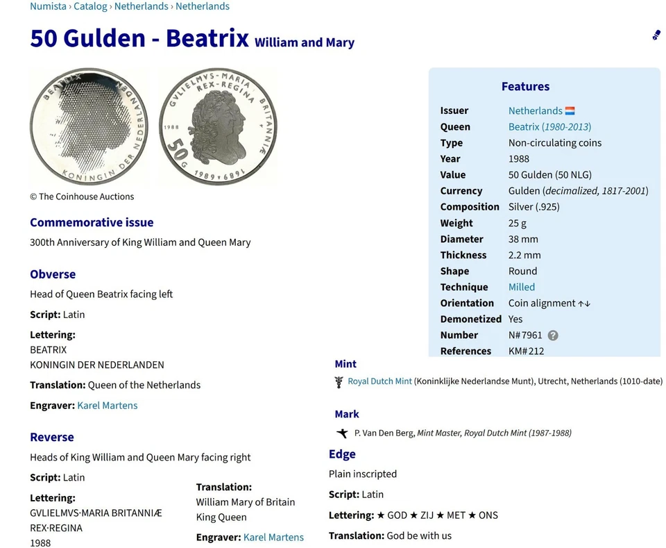 Top Pop!  1988 NETHERLANDS SILVER 50 GULDEN NGC MS66 william & mary anniversary - Image 4 of 4
