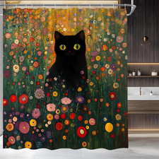 Black Cat Shower Curtain Boho Cute Aesthetic Hello Kitty Flowers Girls Chic Prin