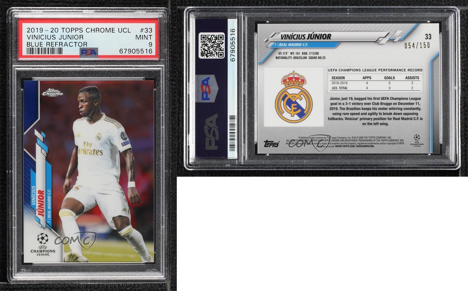 2019 Topps Chrome Champions League Blue Refractor /150 Vinicius Junior #33 PSA 9 view 3