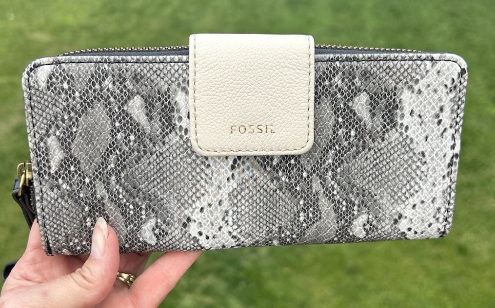 Fossil Madison Gray Leather Python Print Clutch W… - image 1