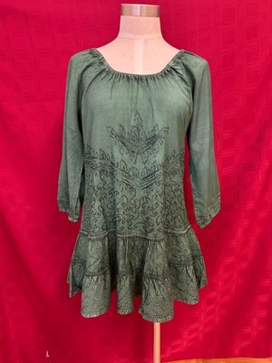 The Pyramid Collection Womens S Tunic Top Green Embroidered Tiered Boho Fairy
