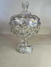 Moon and Star Crystal Clear Carnival Glass 10” Candy Dish Compote