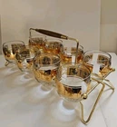 Vtg. Anchor Hocking Gold Vito Bari Barware 8 Roly Poly Glasses With Caddy
