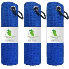 3 Pack Blue 16x16 inch Microfiber Waffle Pattern Golf Towel with Carabiner Clip