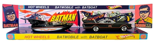 HOT WHEELS ? BATMAN 1966 TV Series 1:64 BATBOAT & BATMOBILE on CARD DISPLAY