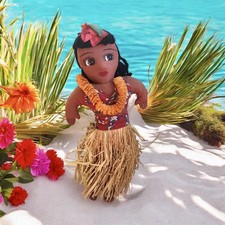 Vintage Hawaiian Hula Girl Souvenir Cloth Doll Grass Skirt Lei Hand Painted Face