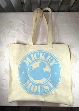 Disney Mickey Mouse Canvas Tote Bag Cream Blue Silhouette Logo Circle Print