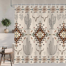 Western Shower Curtain, Boho Southwestern Aztec Tribal Geometric Pattern Cactus