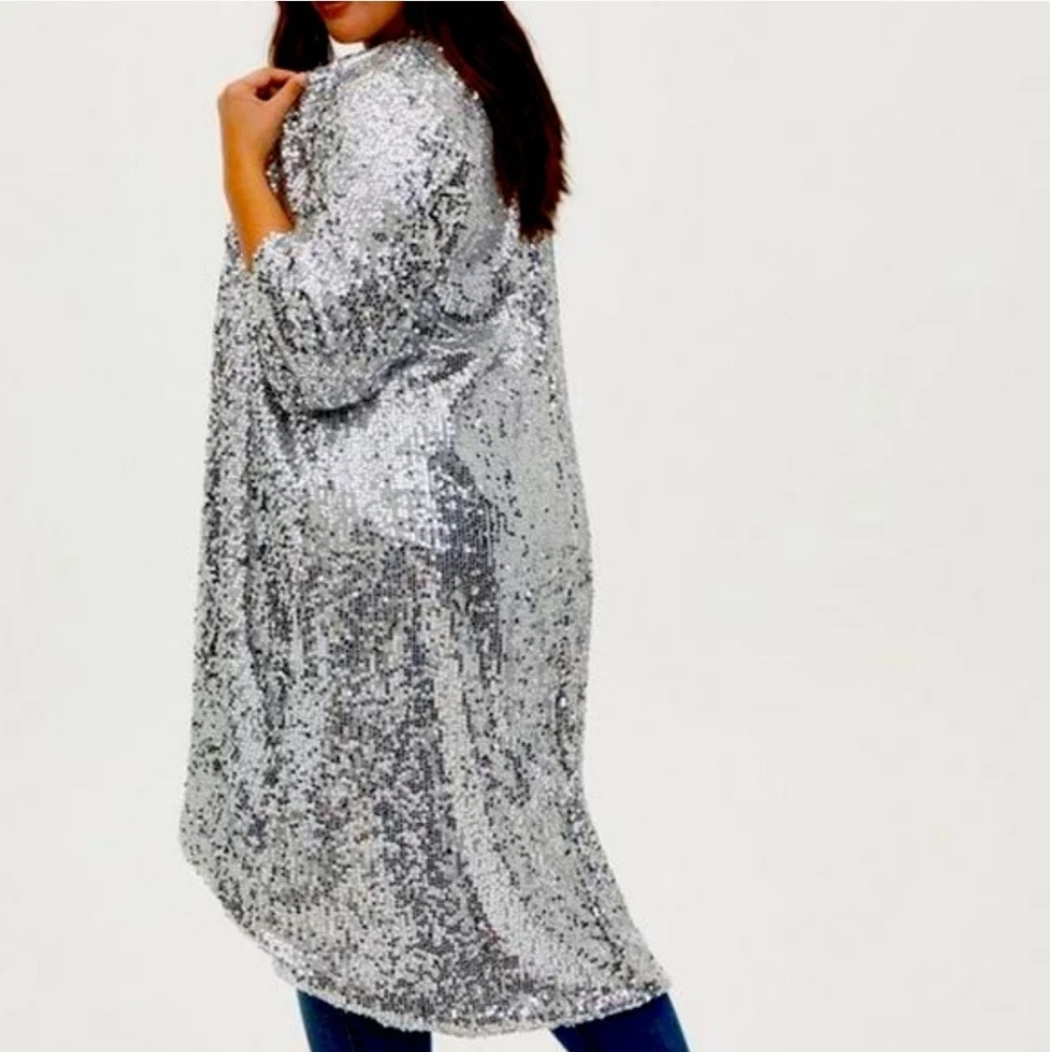 Кардиган Torrid с блестками размер 1 XL длинный открытый передний серебристый праздничная вечеринка блестящий - Изображение 2 из 4