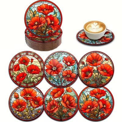 Lebendiges Set Holzuntersetzer mit atemberaubendem Mohnblumen-Design.