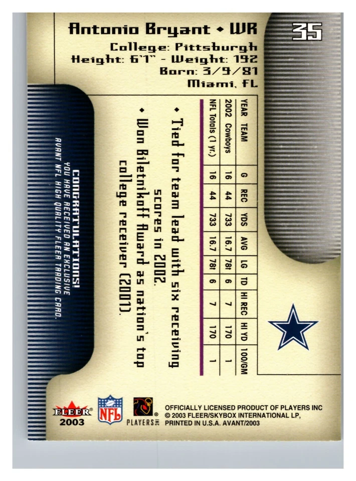 2003 Fleer Avant - Antonio Bryant #35 - Image 2 of 2