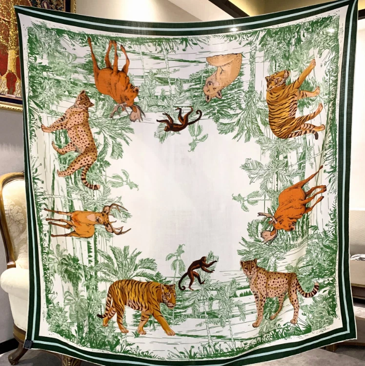 70% Cachemira 30% Seda Bufanda Animal Encaje Estampado Chal Envoltura Doble Cara 135X135cm Foto 2 de 4