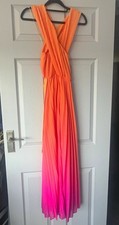 Orange/Pink Ombré Pleated V-Neck Sleeveless Maxi Dress One Size Regular-DLSB