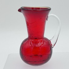 Vintage Ruby Red Crackle Hand Blown Glass Mini Pitcher Vase 4” Clear Handle
