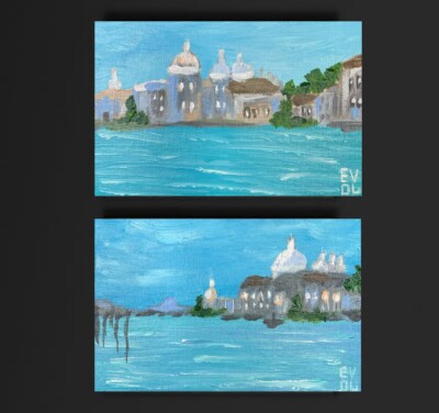 Set of 2 Original acrylic Italy, small mini, Venice Grand Canal, Cityscape 6x4''