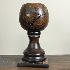 Turned Wood Bowl On Pedestal Crackle Finish With Etched Leaves 