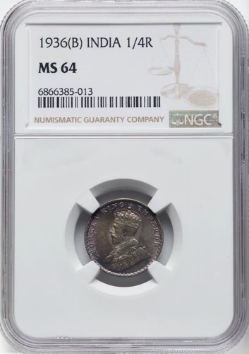 INDIA BRITISH GEORGE VI 1936-B  1/4 RUPEE COIN, UNCIRCULATED, CERTIFIED NGC MS64