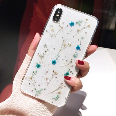 Chic Real Dried Pressed Flower Decorate Transparent Phone Case For