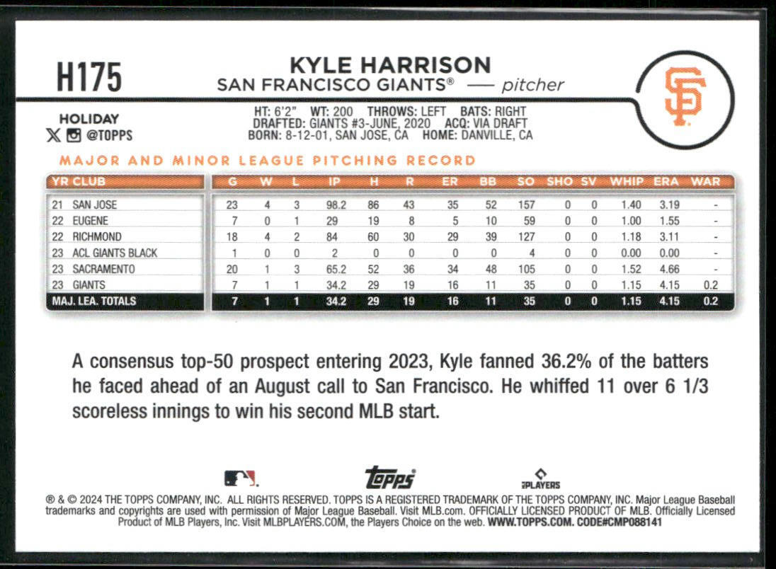 2024 Topps Holiday #H175 Kyle Harrison San Francisco Giants RC