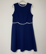 Mod Midi Shift Dress Sleeveless M Talon Metal Zip 60s 70s Vintage Blue / White