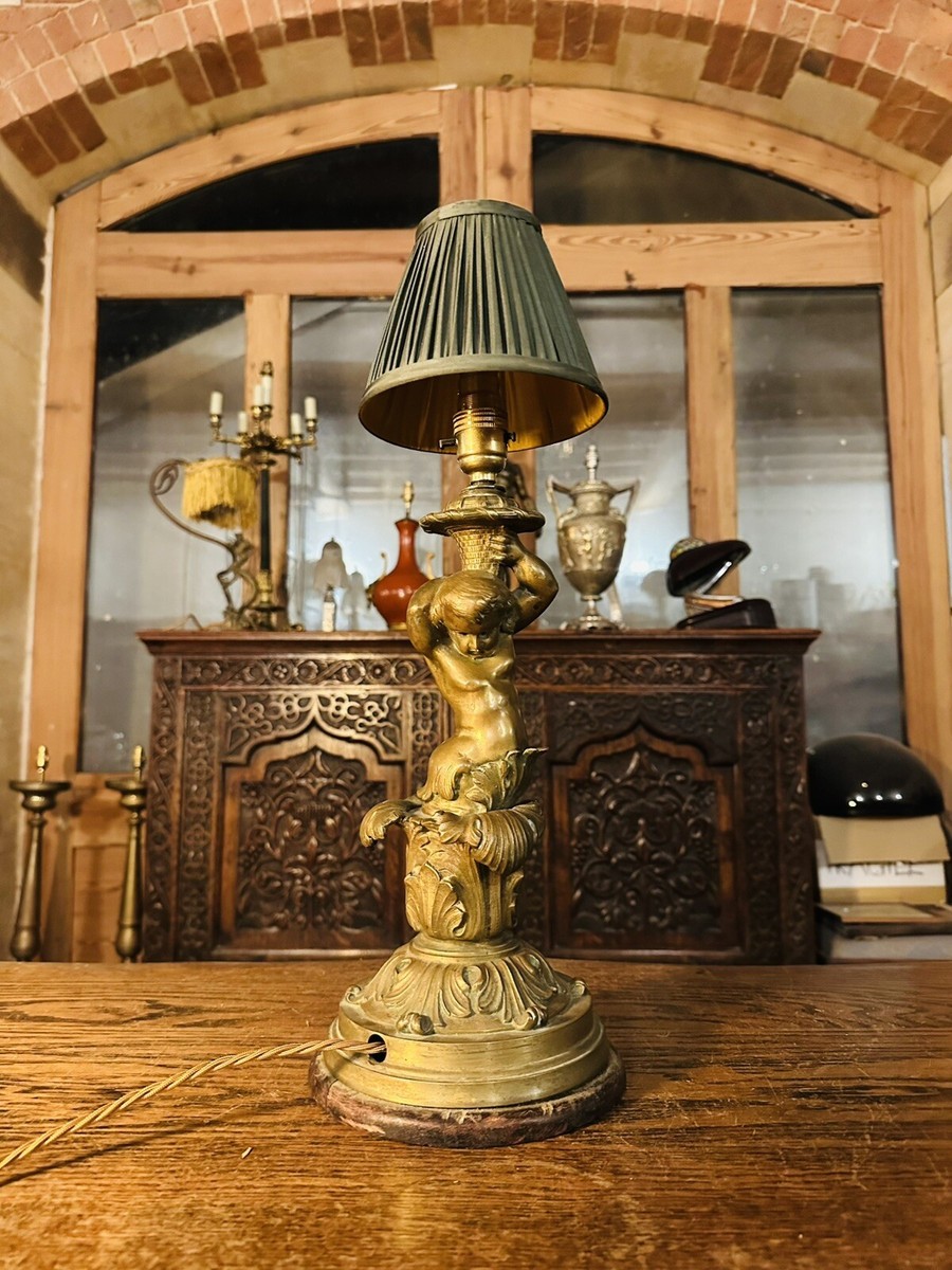 Antique 19th Century Solid Bronze Cherub Table Lamp, Putti Angel