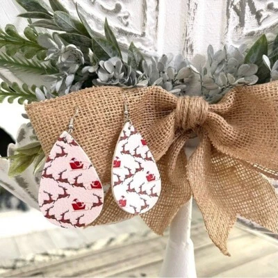Christmas Faux Leather Teardrop Dangle Earrings Reindeer - Image 1 of 2