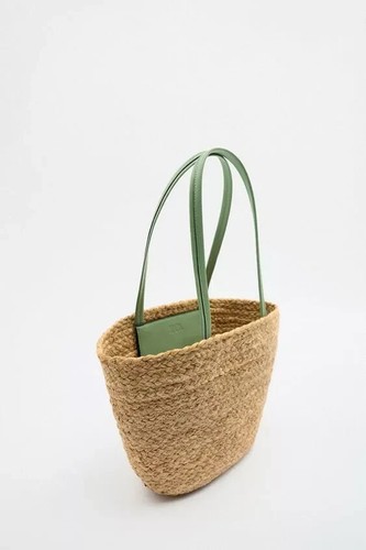 ZARA small JUTE basket TOTE BAG green pu leather handles pocket green NEW