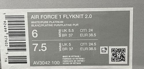 Nike Air Force 1 AF-1 2.0 OG Flyknit weiß rein platinum UK Größe 5,5 EUR 38,5 - Bild 15 von 22