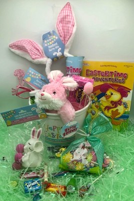 Premade Girls Easter Basket with Plush Bunny, bunny ears set, glasses, and more