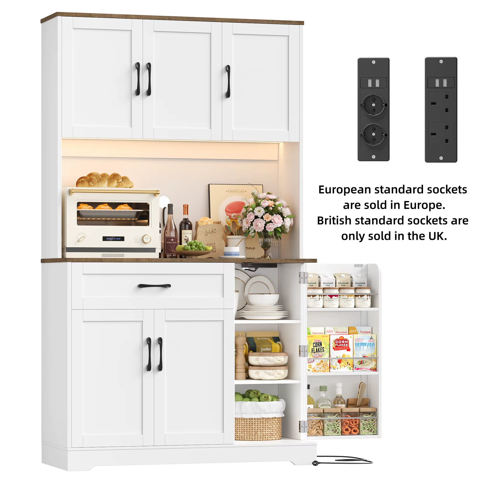 Kitchen Storage Cabinet LED Worktop Power Sockets Coffee Bar Unit White Home