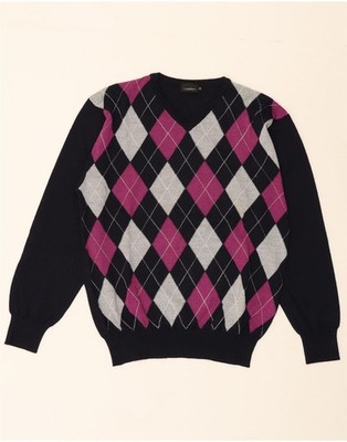 C.COMBERTI Mens V-Neck Jumper Sweater IT 52 Large Navy Blue Argyle/Diamond BS06