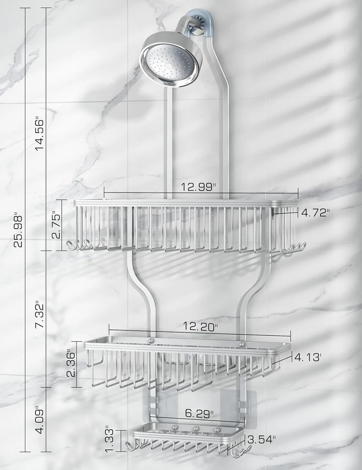 Carrito de ducha a prueba de herrumbre, sobre la cabeza, 10 ganchos, estante para jabón, plateado Foto 2 de 4