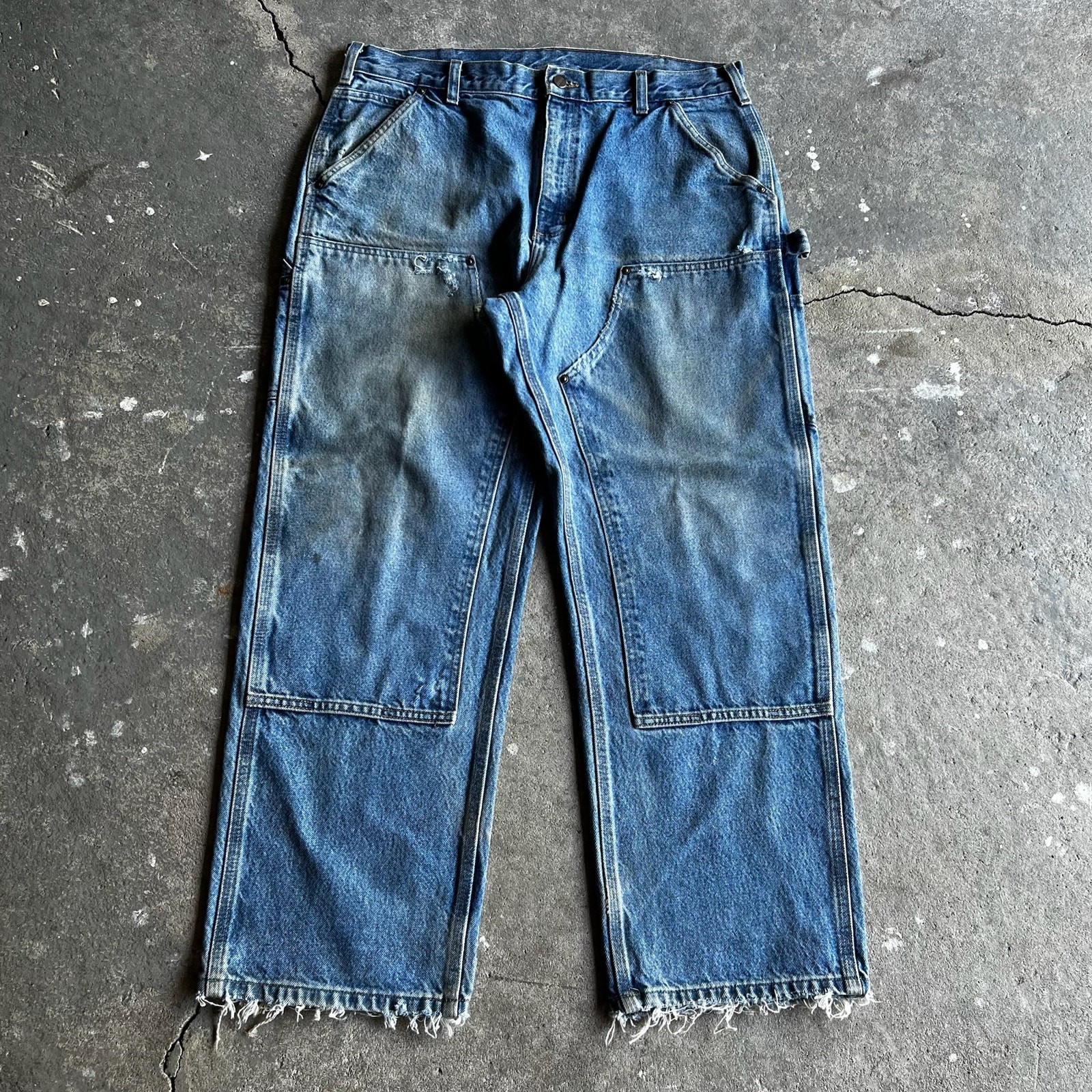 Carhartt faded denim blue jean double knee work wear carpenter pants 36x30