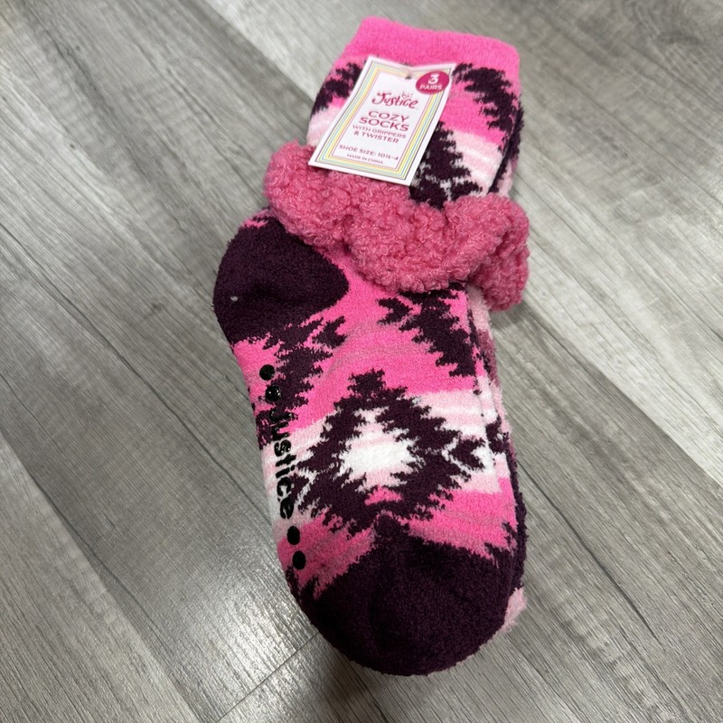 Justice Cozy Socks w/ Grippers & Twisters 3pk Shoe Size 4 - 10 Pink & Purple