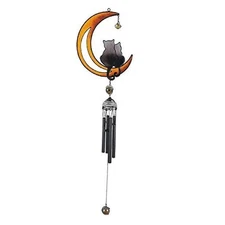  SS-G-99985 Wind Chime with Black Coated Gems Cats on The Moon Hanging 