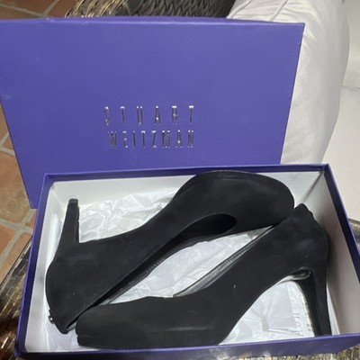 Stuart Weitzman Women s Black Suede Round Toe Stiletto Slip-On Pumps